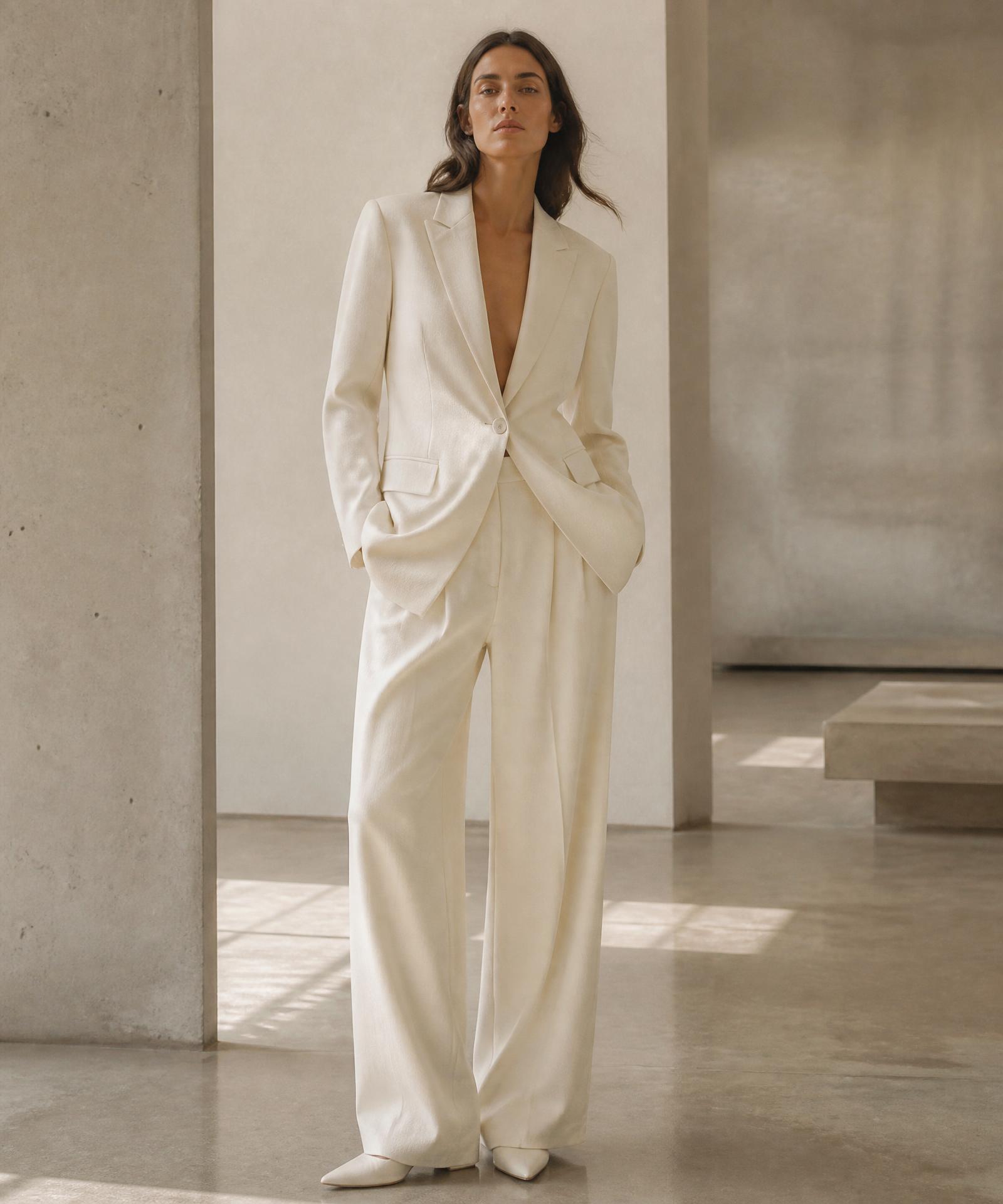 Model in an ivory wool blazer and wide-leg trousers